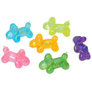 Six glittery squishy balloon dog toys in blue, pink, orange, yellow-green, green, and purple