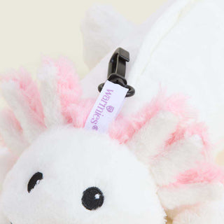 Warmies Axolotl Bag Charm plush with white body and pink feathery gills closeup