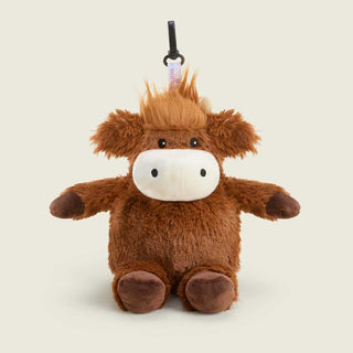 Warmies Highland Cow plush bag charm with fluffy brown fur and clip attachment