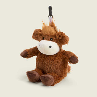 Warmies Highland Cow plush bag charm with black carabiner clip, brown fluffy stuffed animal