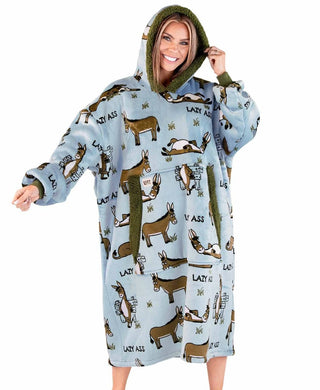 Woman wearing Lazyone Lazy Ass oversized blanket hoodie with donkey cartoon print on light blue fleece
