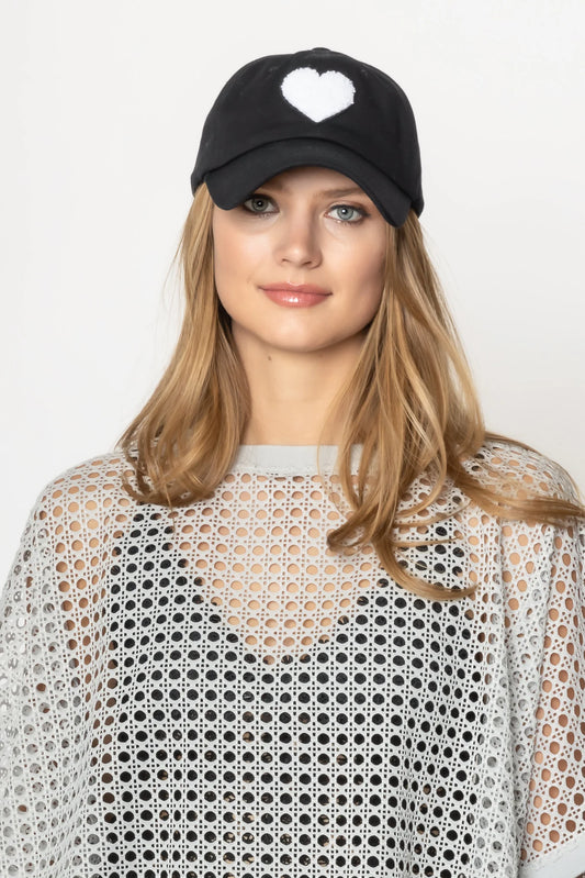 White Sherpa Heart Black Baseball Hat - Buttercup Lynne Boutique