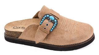 Corkys tan suede mule clog with turquoise stone western buckle and cork footbed