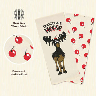 Lazy One Chocolate Moose flour sack tea towels with cherry print, set of two