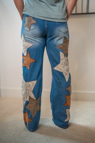 Oli & Hali Washed Leather Star Patched Jeans - Buttercup Lynne Boutique