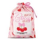 Drawstring bag with cherry design and text on a white background