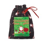 Small drawstring bag with Christmas design featuring Santa Claus and reindeer on a black background.