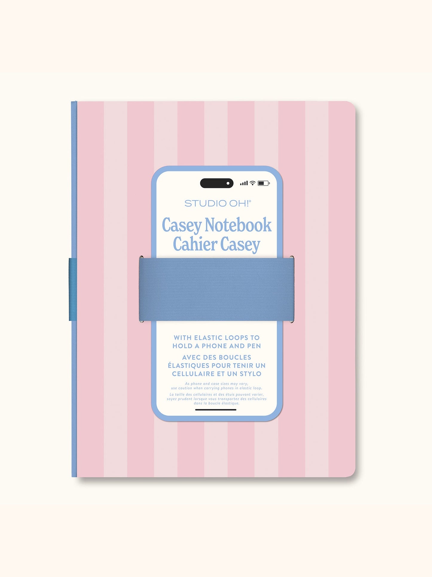 Pink striped Casey notebook by Studiooh with blue elastic phone holder loop