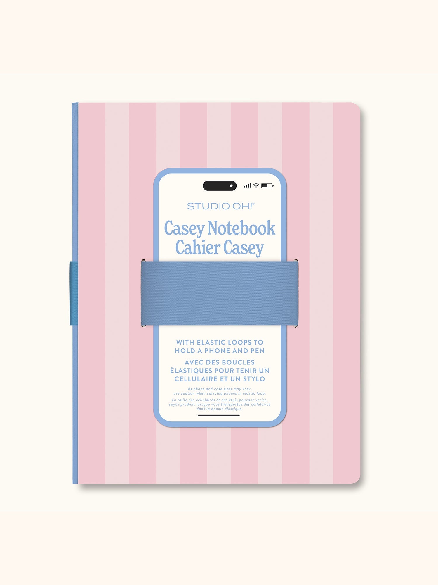 Pink striped Casey notebook by Studiooh with blue elastic phone holder loop