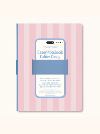 Pink striped Casey notebook by Studiooh with blue elastic phone holder loop