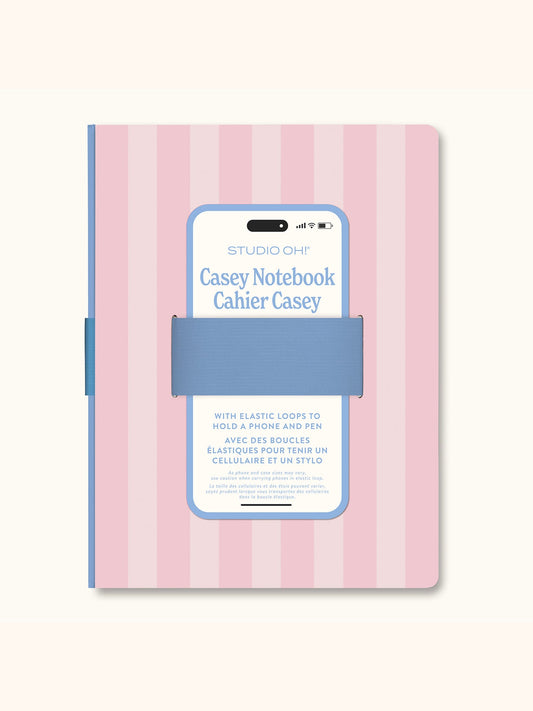 Pink striped Casey notebook by Studiooh with blue elastic phone holder loop