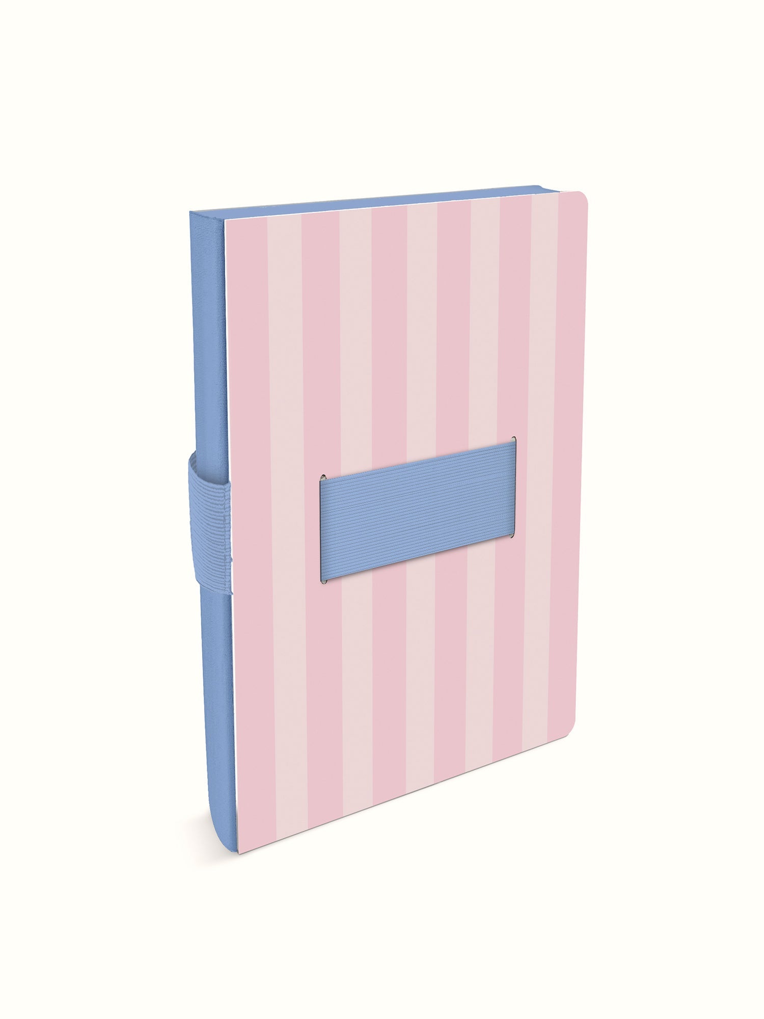 Pink striped notebook with blue spine and phone loop holder