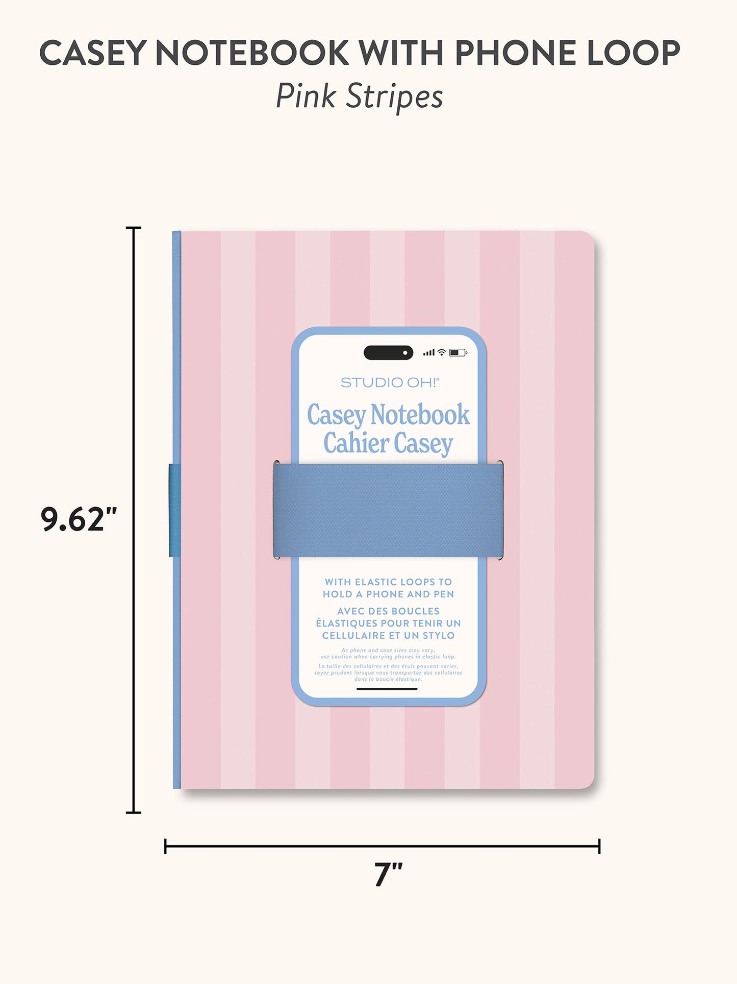 Studio Oh Pink Stripes Casey Notebook with phone loop and elastic band