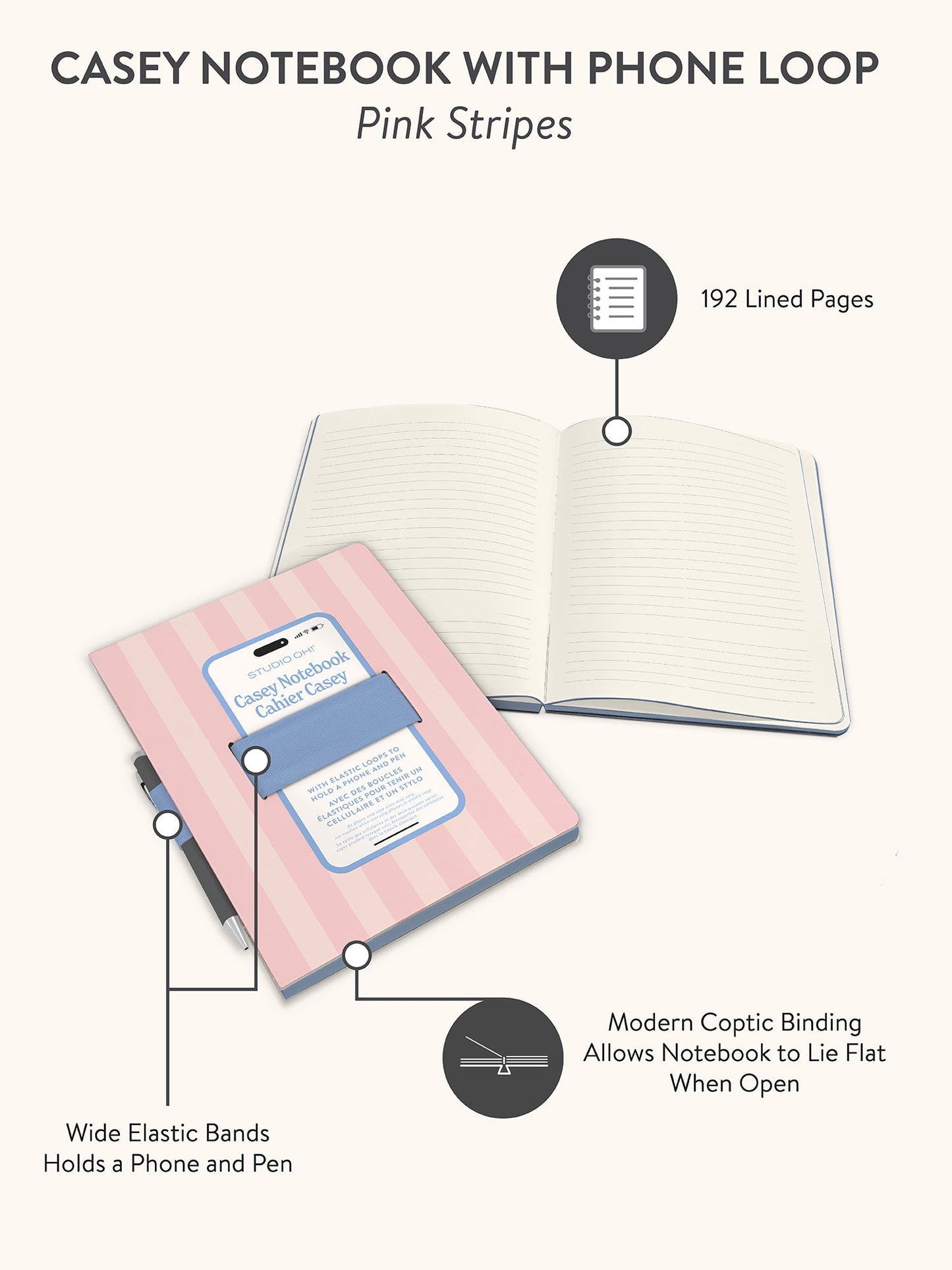 Pink striped Casey notebook with phone loop, elastic bands, and coptic binding shown open