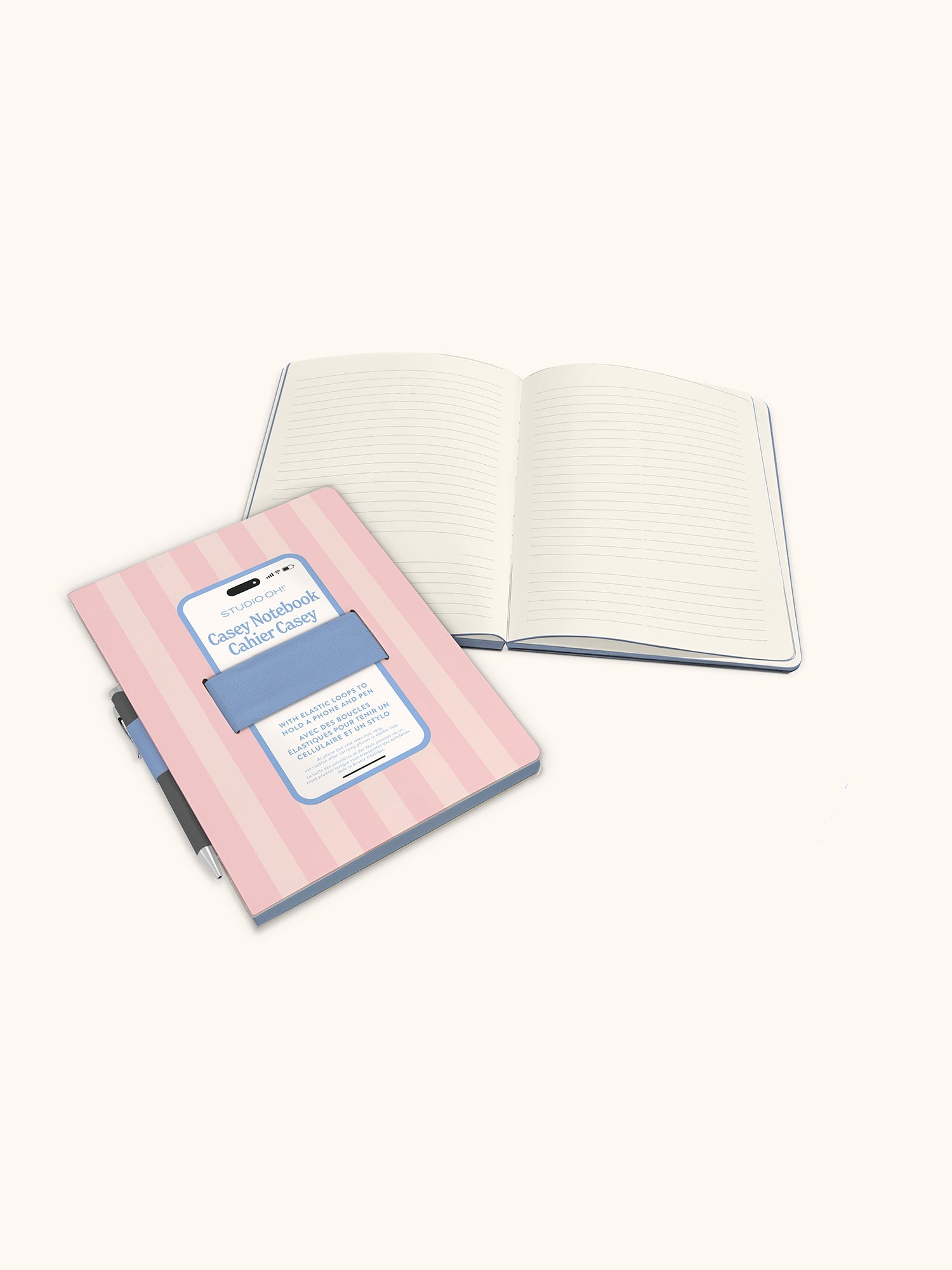 Pink striped Studiooh Casey notebook with phone loop and lined pages open