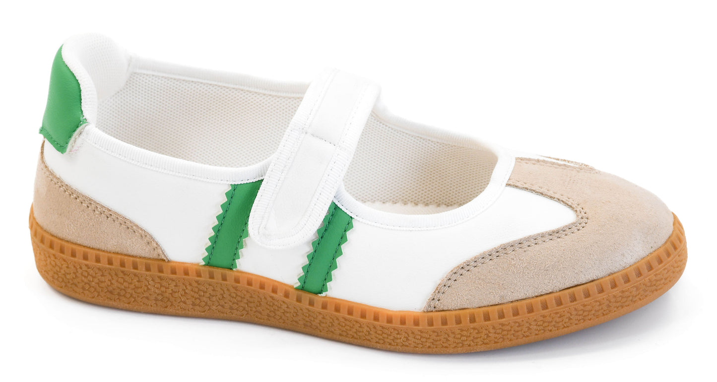 White shoe with green stripes and brown sole on a white background