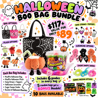 Halloween Boo Bag Bundle with black spider-web tote, plush pumpkin, Moochiez bucket, scrunchies, and swig straws