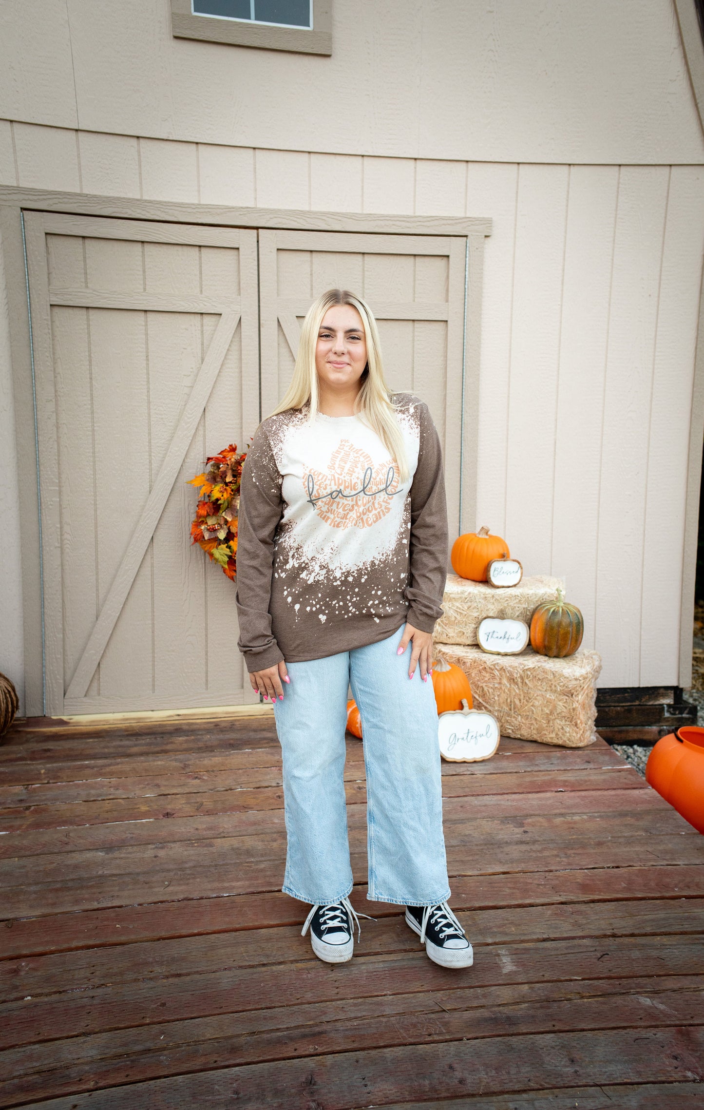 Fall Leaf Bleached Long Sleeve Graphic Tee - Buttercup Lynne Boutique
