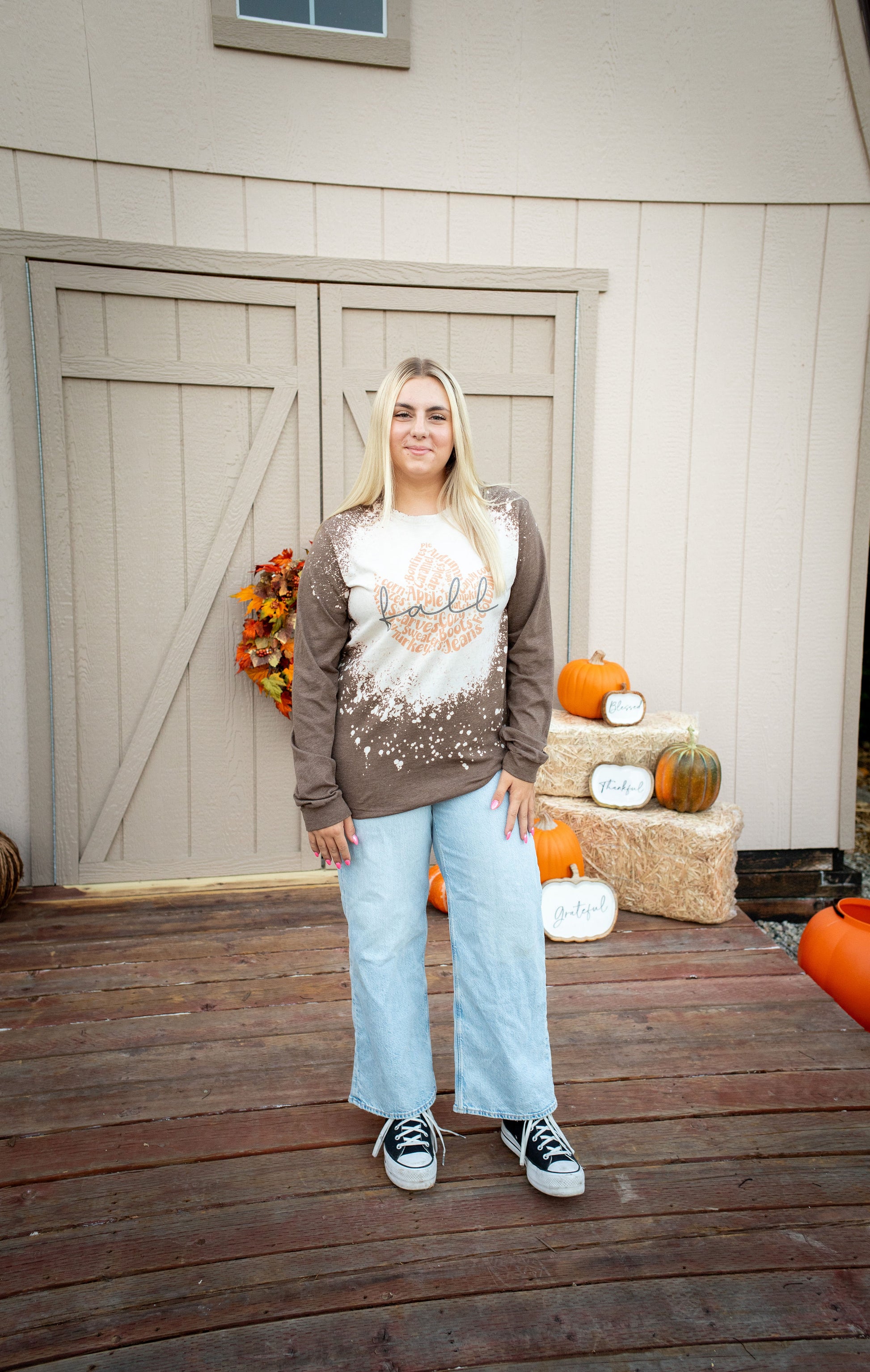 Fall Leaf Bleached Long Sleeve Graphic Tee - Buttercup Lynne Boutique