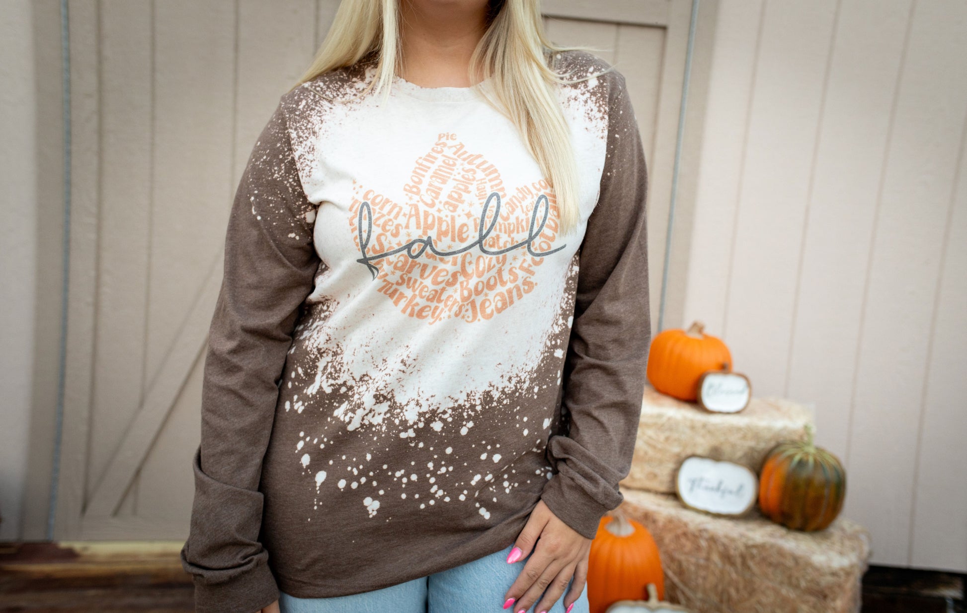 Fall Leaf Bleached Long Sleeve Graphic Tee - Buttercup Lynne Boutique