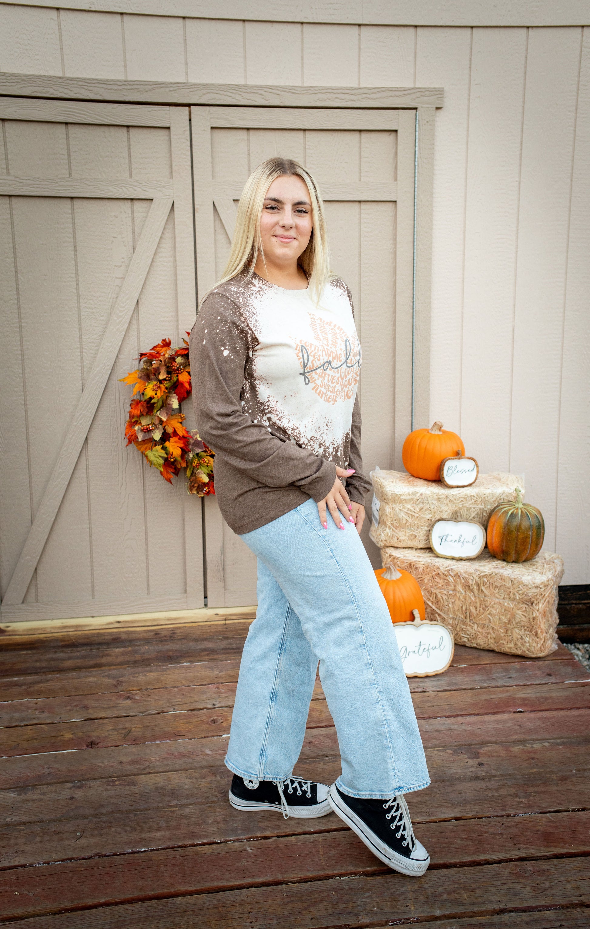 Fall Leaf Bleached Long Sleeve Graphic Tee - Buttercup Lynne Boutique