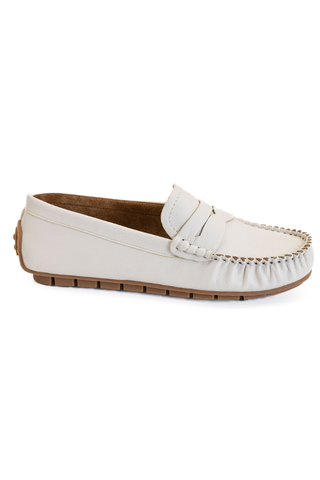 Corkys Penny For Your Thoughts ivory penny loafer with brown rubber sole
