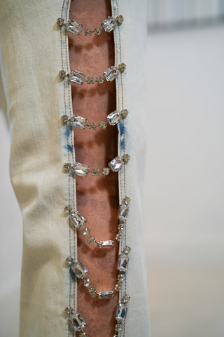 Denim Stretch Jeans Cut Out Sides With Jewels - Buttercup Lynne Boutique