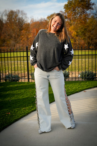 Denim Stretch Jeans Cut Out Sides With Jewels - Buttercup Lynne Boutique