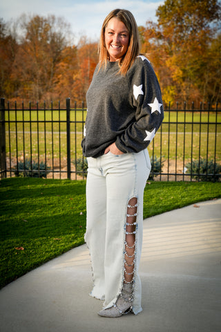 Denim Stretch Jeans Cut Out Sides With Jewels - Buttercup Lynne Boutique