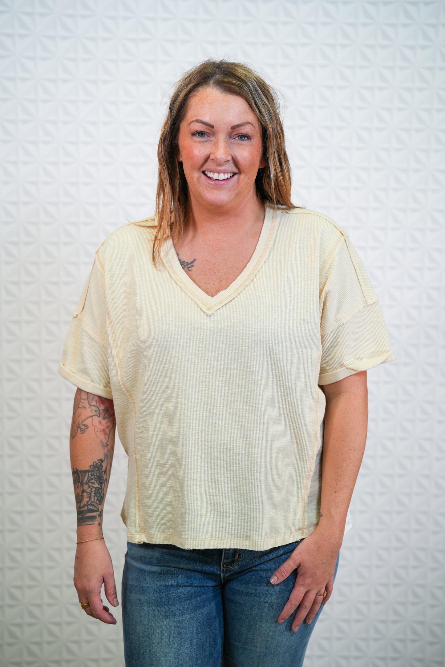 V Neck Knit Top - Raw Edge Side Slit - Cream - Buttercup Lynne Boutique