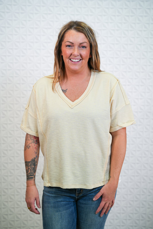 V Neck Knit Top - Raw Edge Side Slit - Cream - Buttercup Lynne Boutique