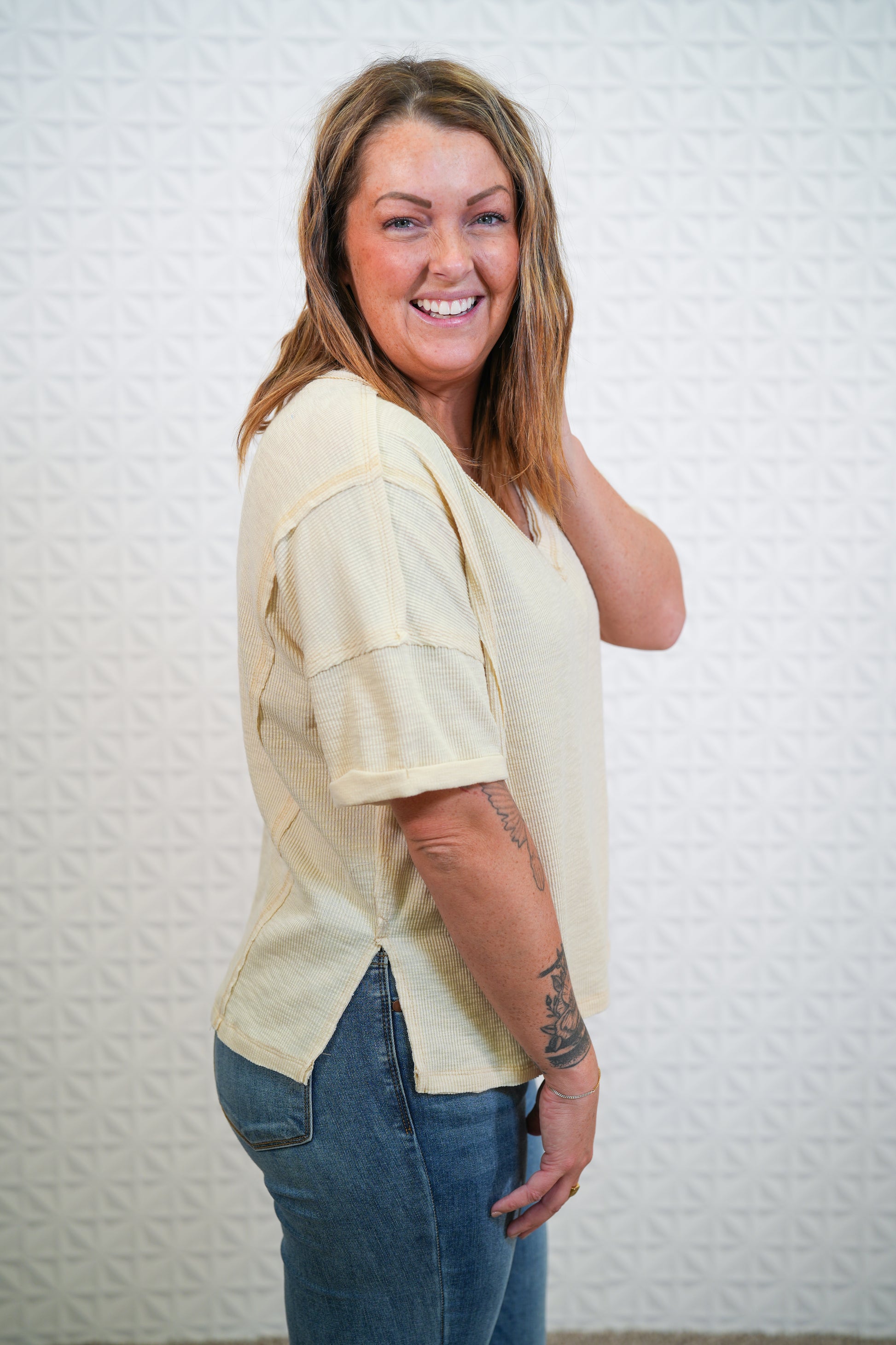 V Neck Knit Top - Raw Edge Side Slit - Cream - Buttercup Lynne Boutique