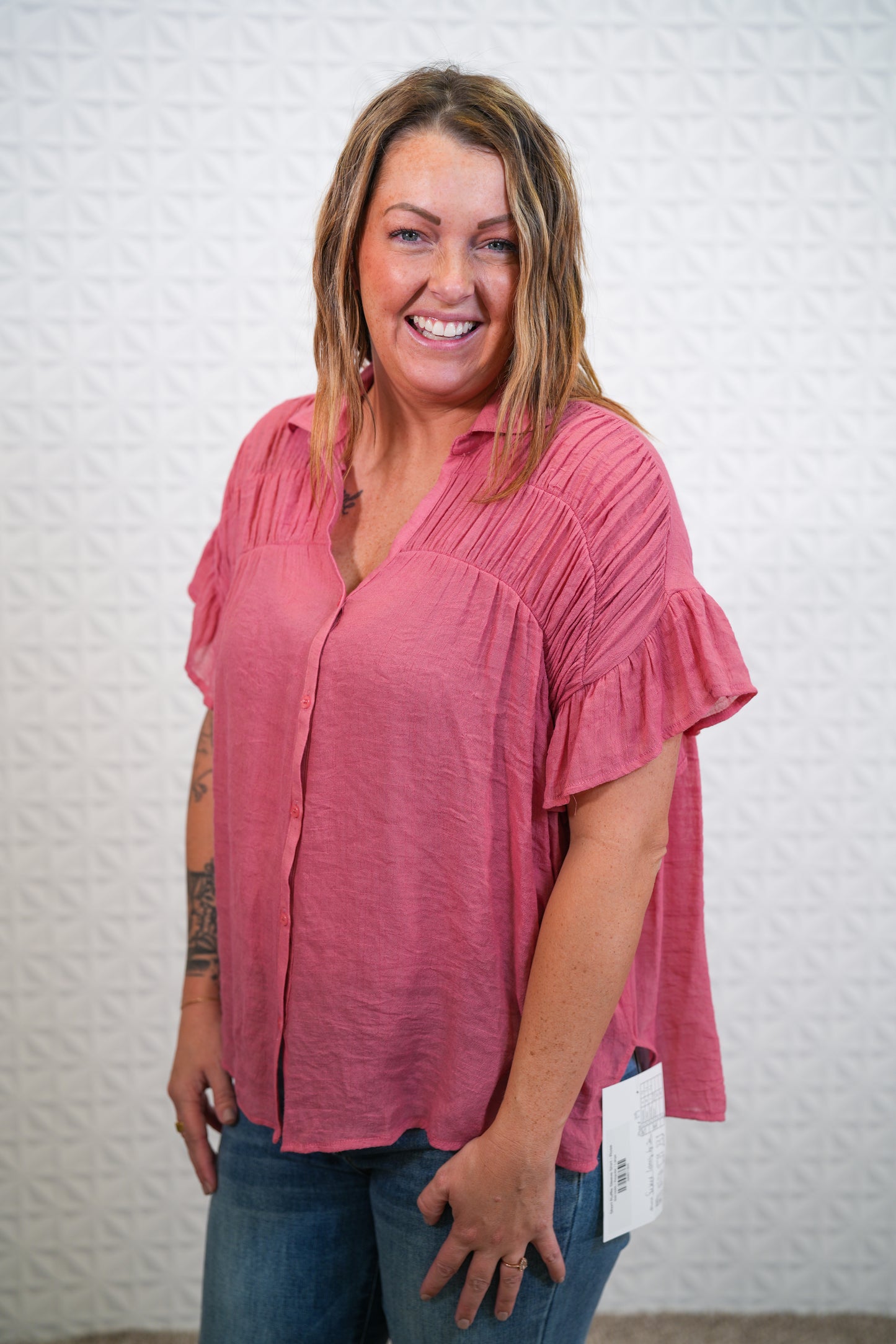 Short Ruffle Sleeve Shirt - Rose - Buttercup Lynne Boutique
