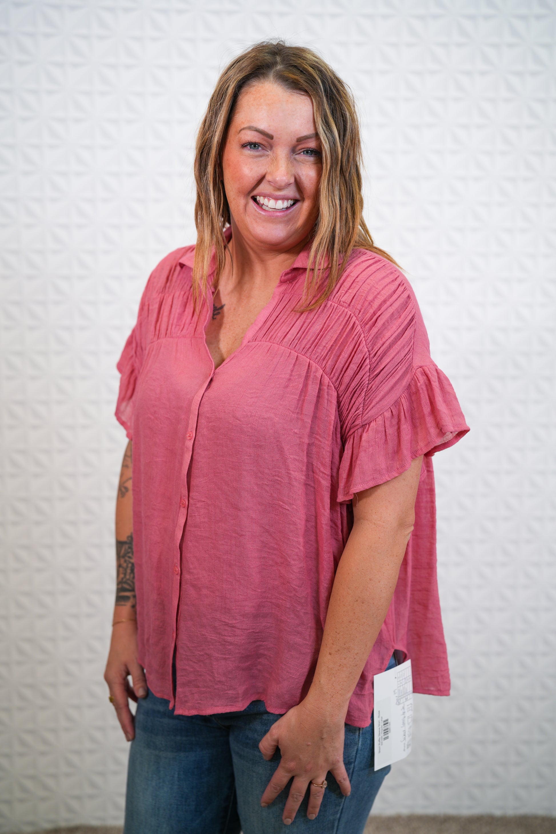 Short Ruffle Sleeve Shirt - Rose - Buttercup Lynne Boutique