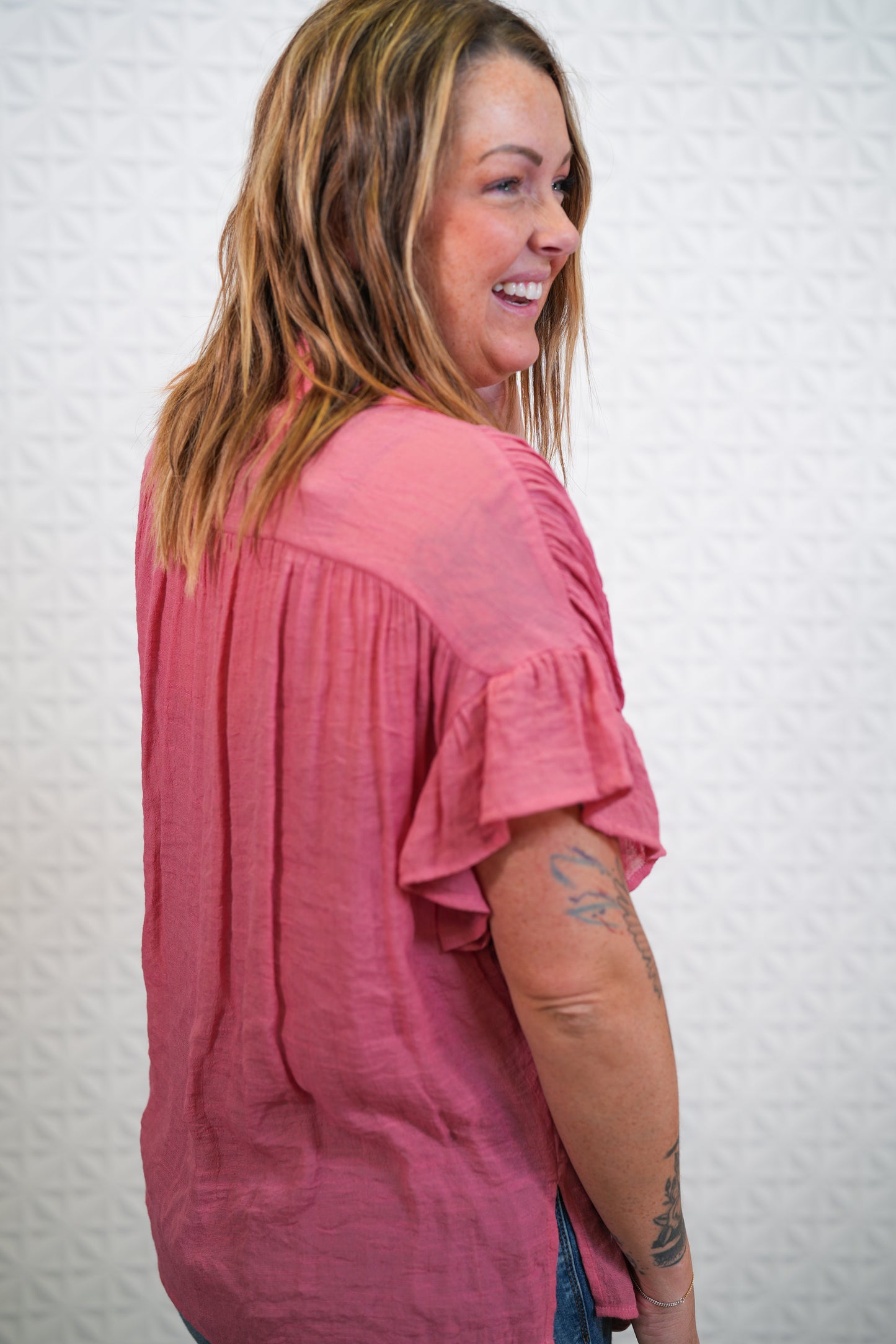 Short Ruffle Sleeve Shirt - Rose - Buttercup Lynne Boutique