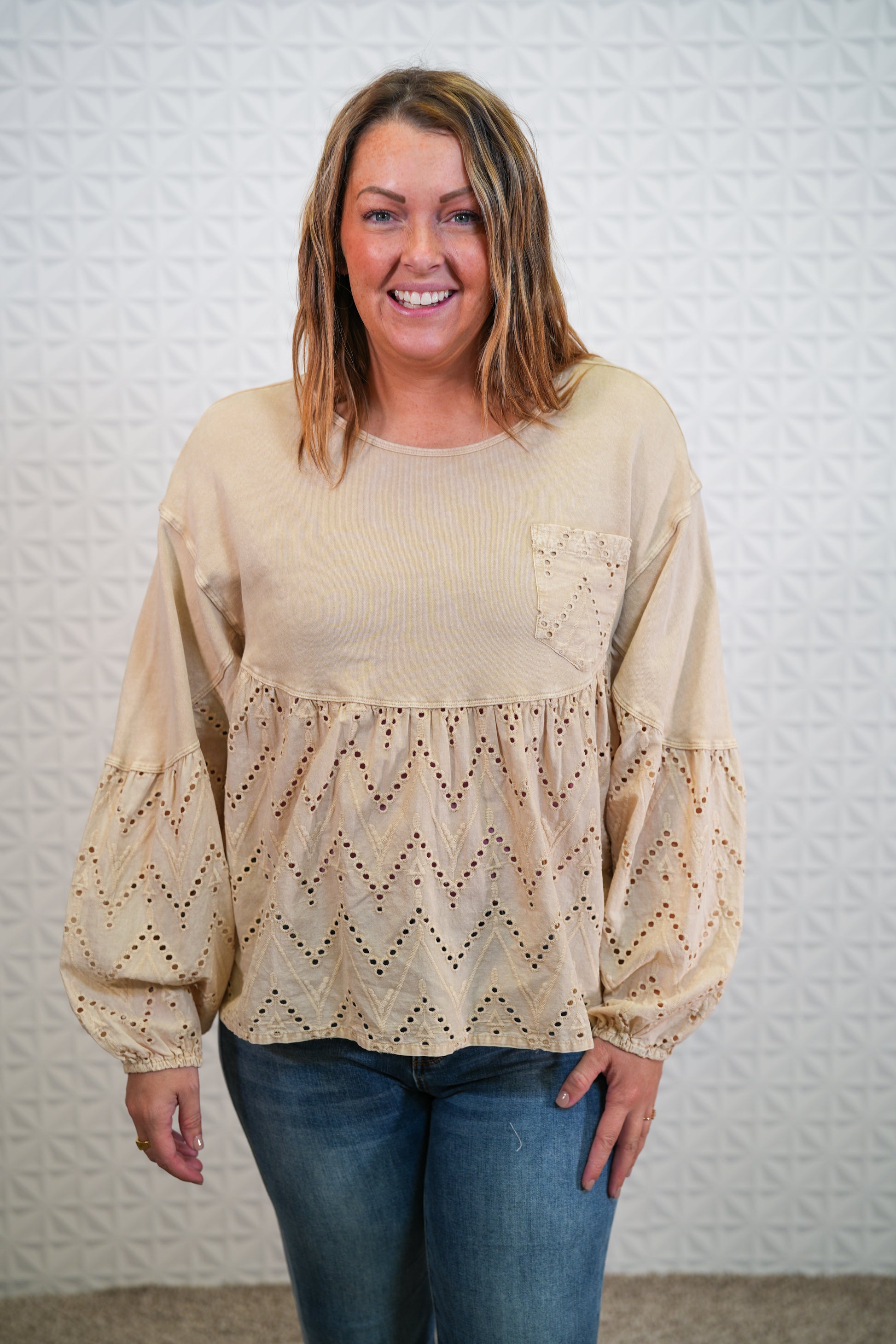 Eyelet Lace Babydoll Tunic - Khaki and Malibu Pink - Buttercup Lynne Boutique