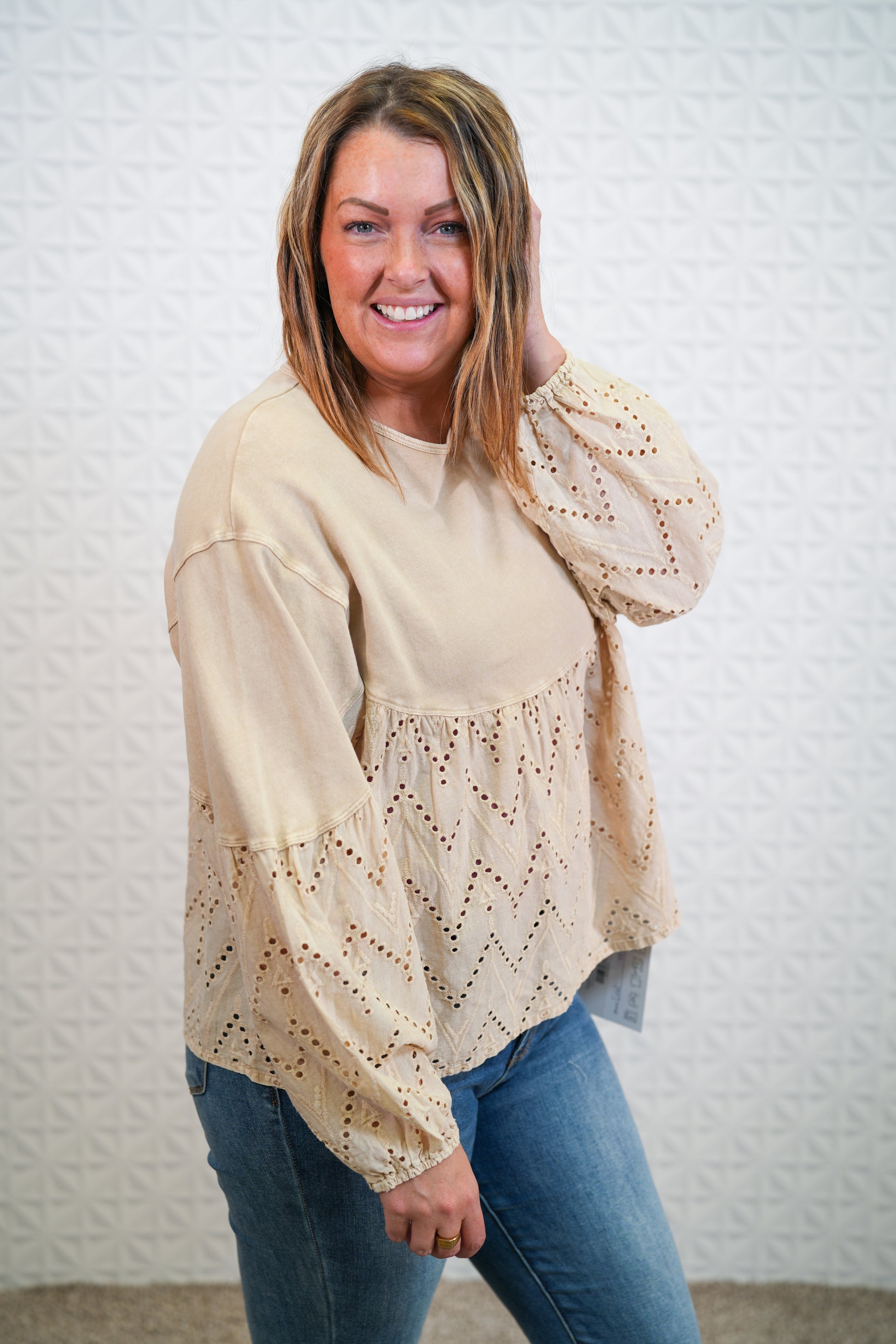 Eyelet Lace Babydoll Tunic - Khaki and Malibu Pink - Buttercup Lynne Boutique