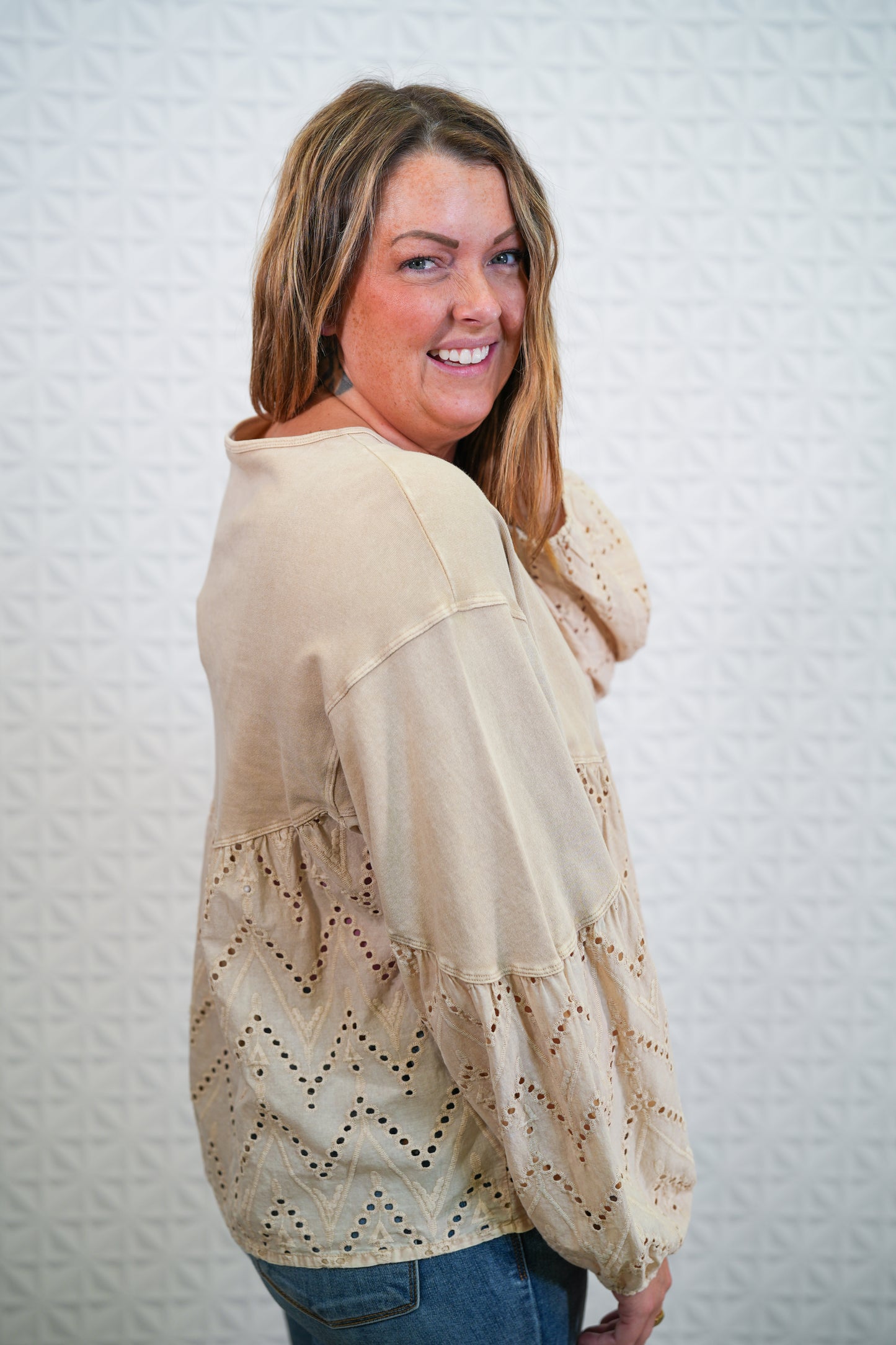 Eyelet Lace Babydoll Tunic - Khaki and Malibu Pink - Buttercup Lynne Boutique