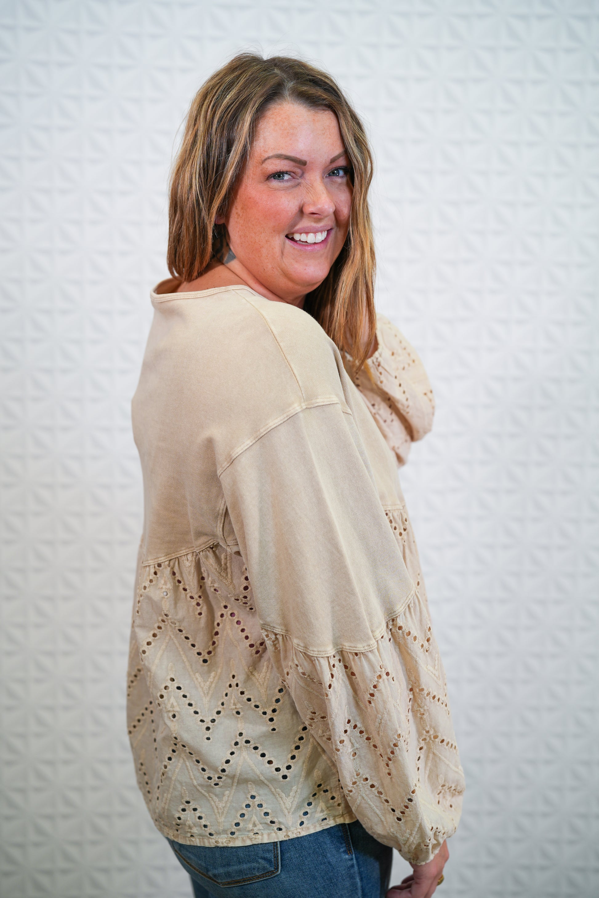 Eyelet Lace Babydoll Tunic - Khaki and Malibu Pink - Buttercup Lynne Boutique