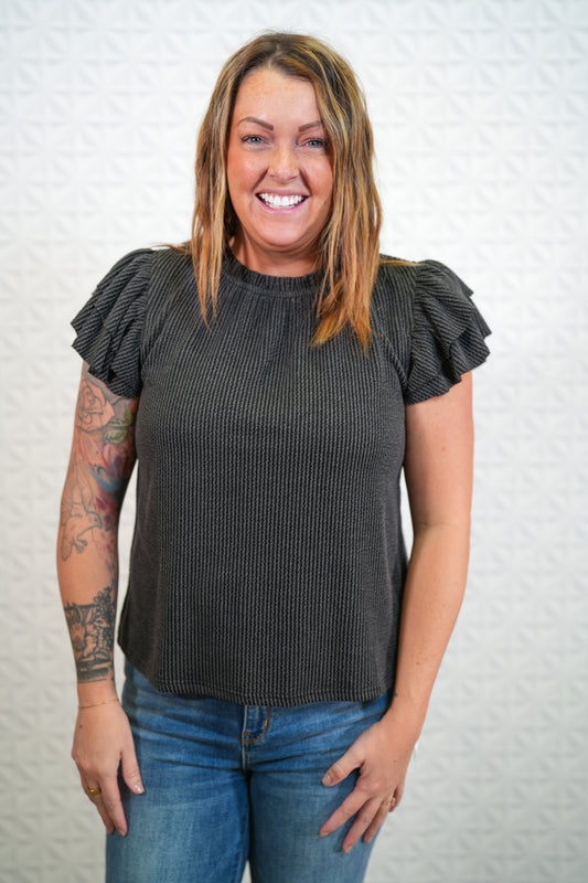 Charcoal Knit Top with Ruffle Short Sleeves and Neck - Buttercup Lynne Boutique
