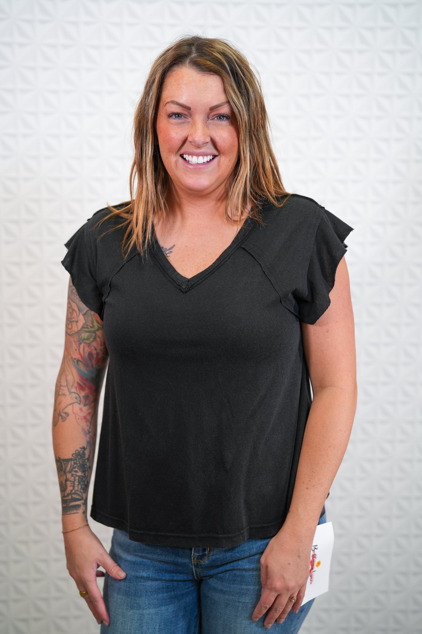 Short Ruffle Sleeve V-neck in Vintage Black - Buttercup Lynne Boutique