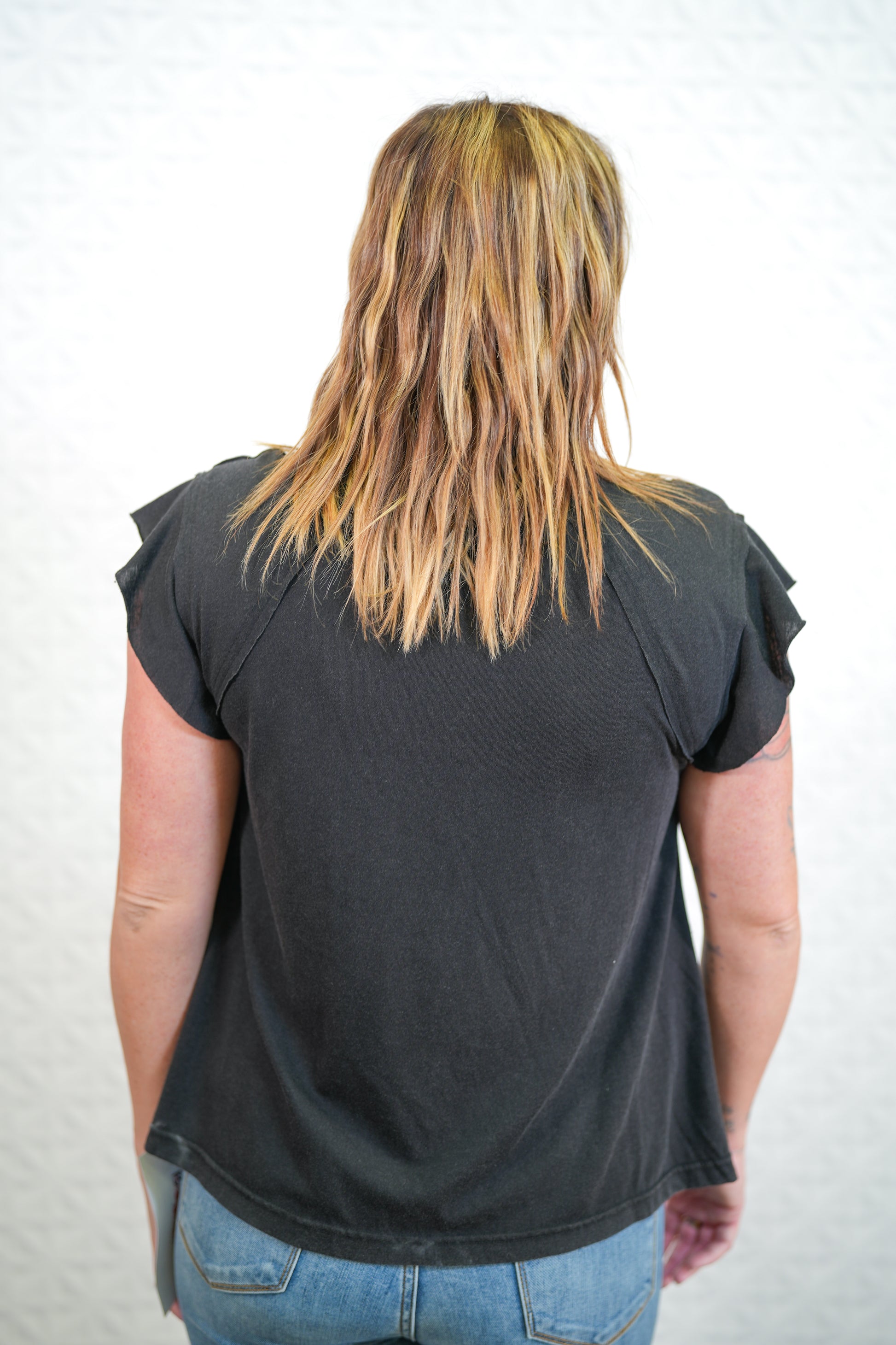 Short Ruffle Sleeve V-neck in Vintage Black - Buttercup Lynne Boutique