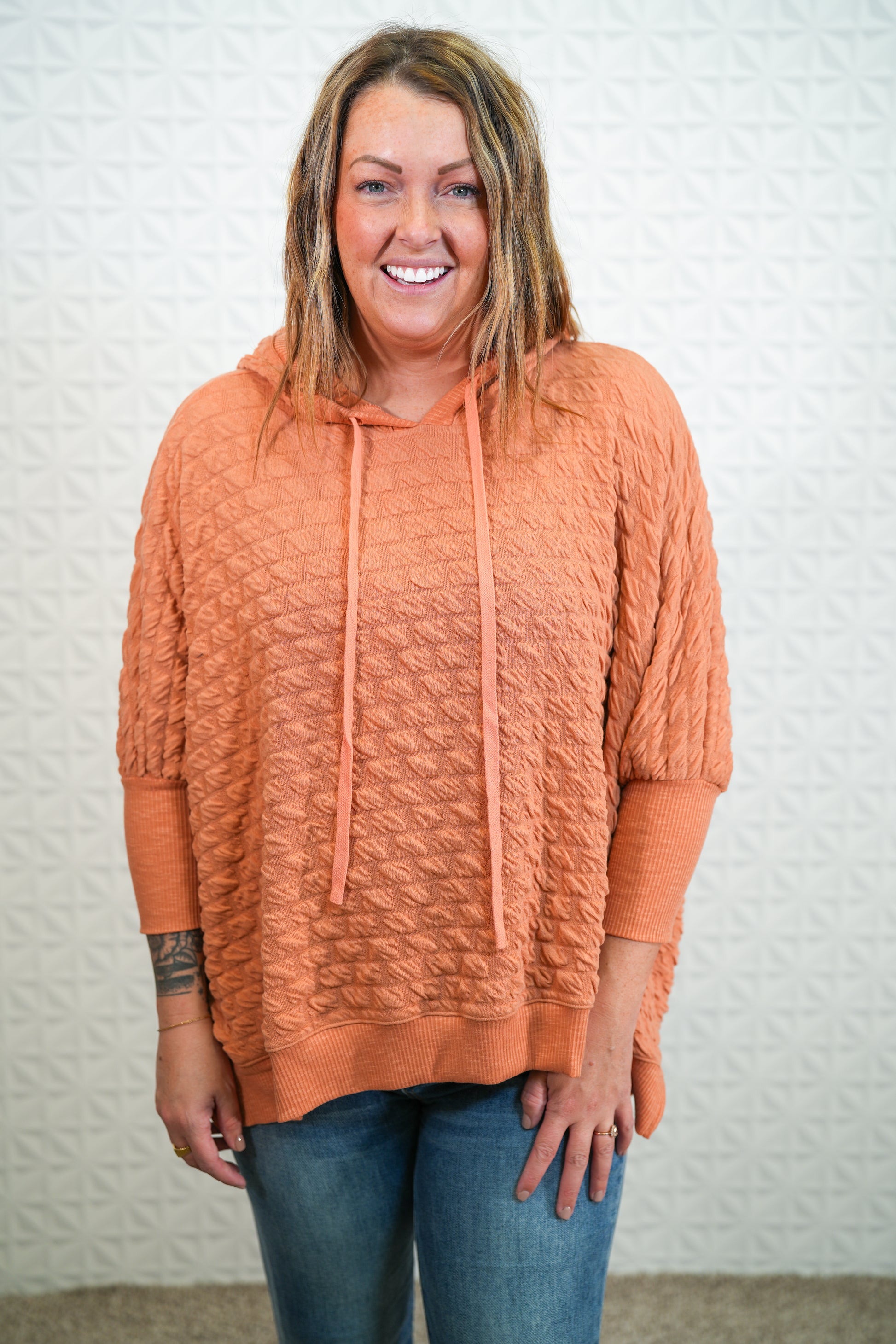 Knit Pullover Hoodie Apricot 3/4 Sleeve - Buttercup Lynne Boutique