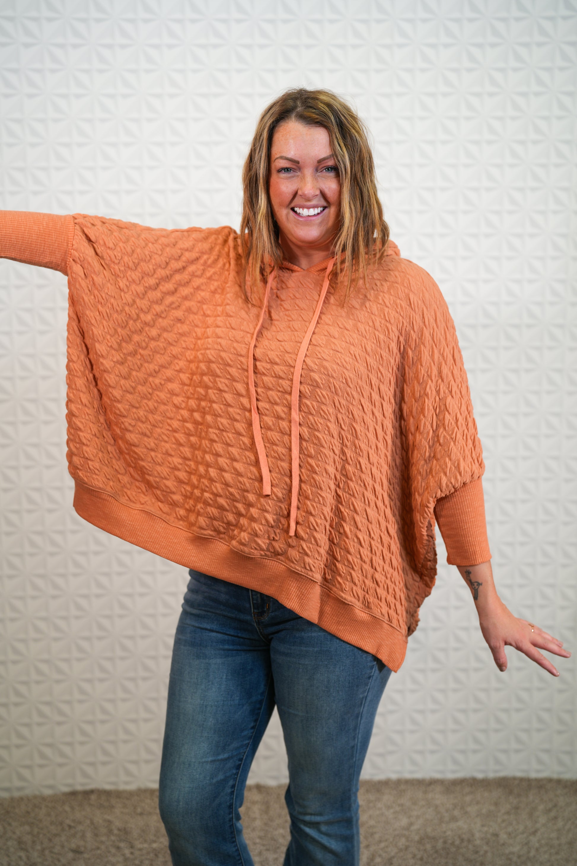 Knit Pullover Hoodie Apricot 3/4 Sleeve - Buttercup Lynne Boutique