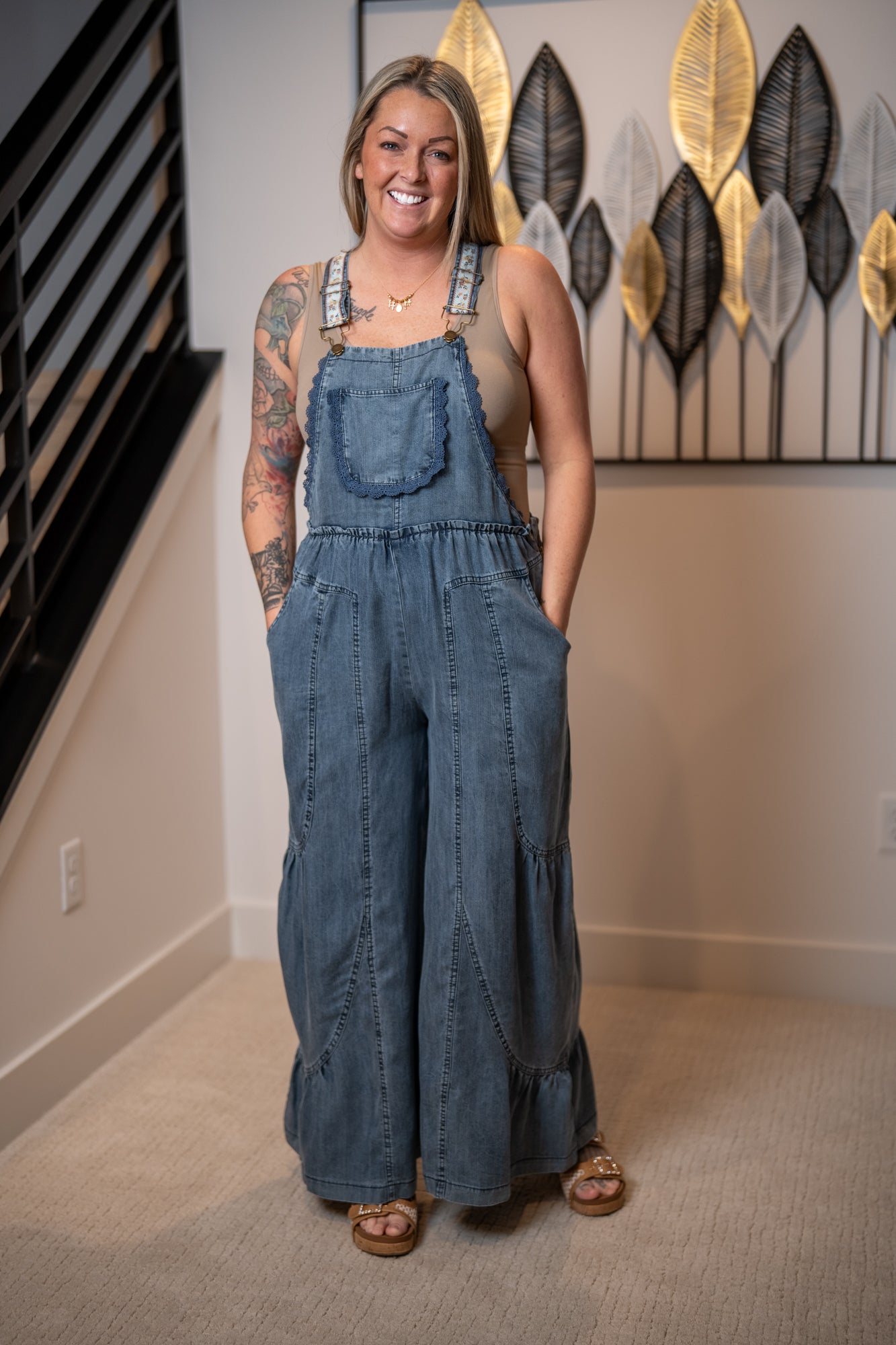 Easel Washed Chambray Overalls
