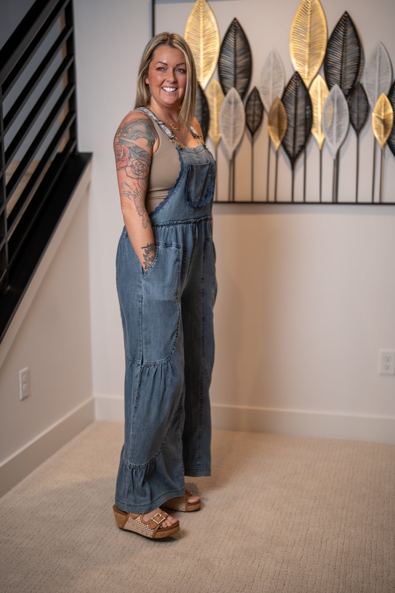 Easel Washed Chambray Overalls