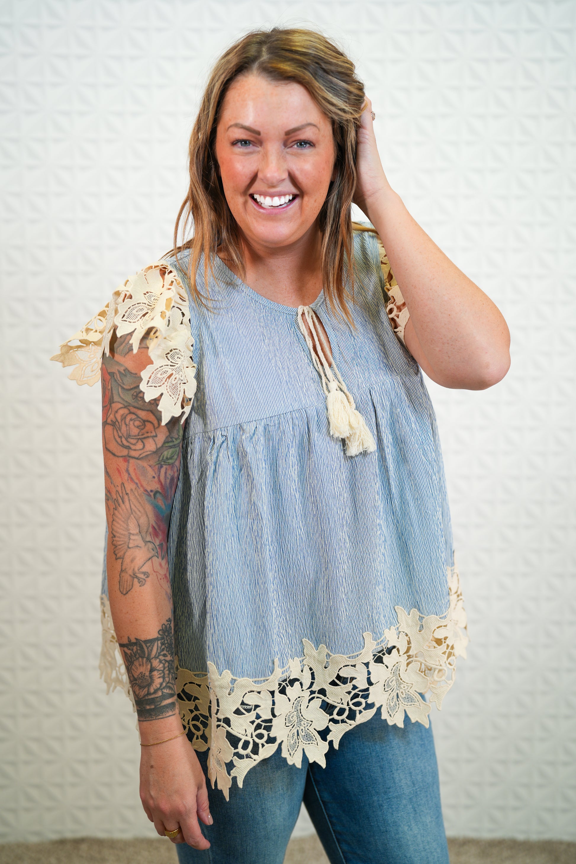 Blue Stripped Babydoll Top with Lace - Buttercup Lynne Boutique