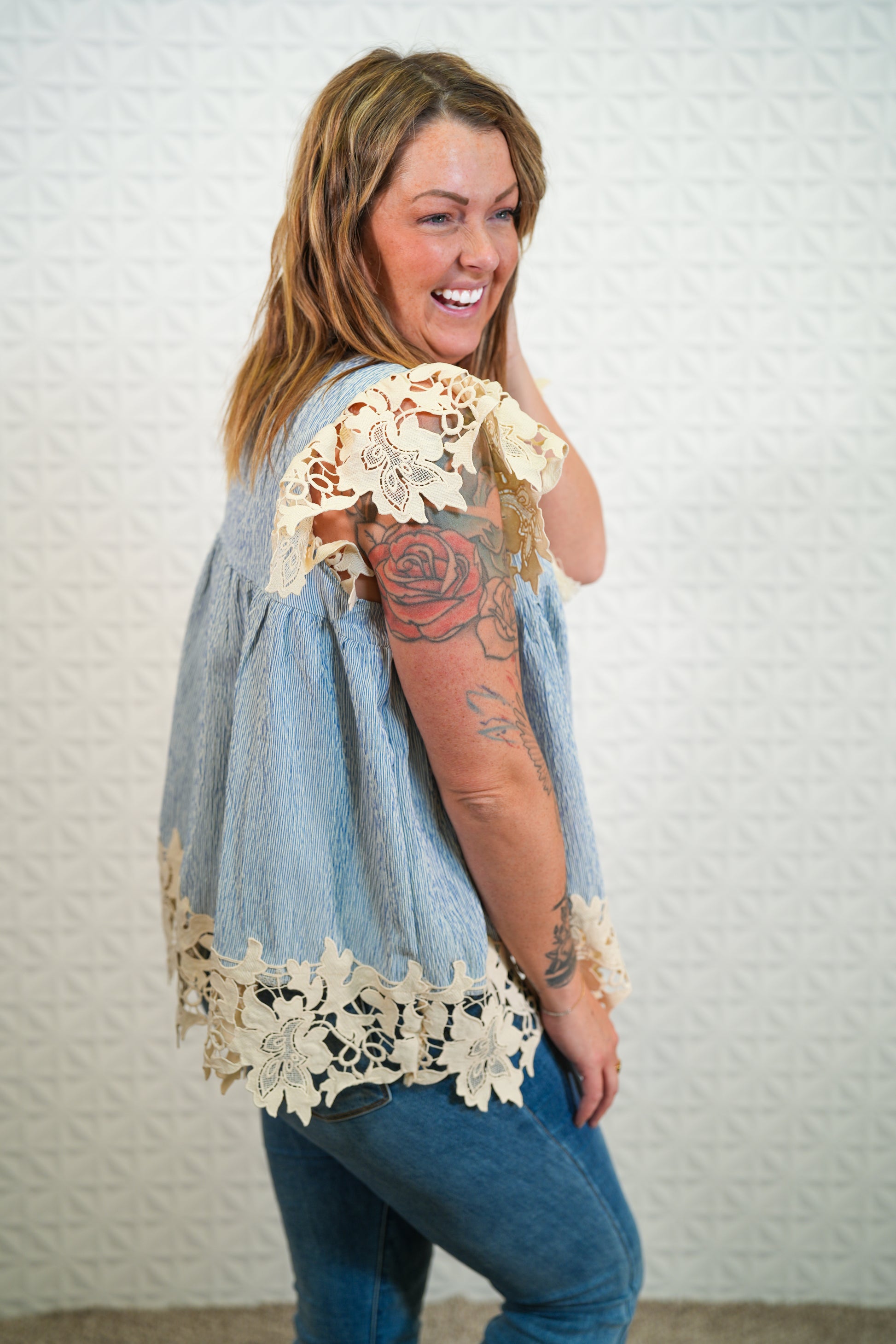 Blue Stripped Babydoll Top with Lace - Buttercup Lynne Boutique