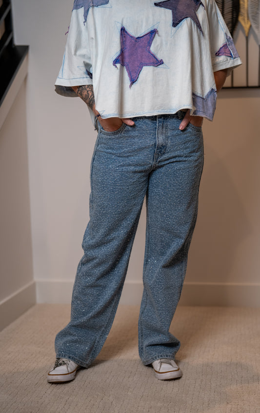 Washed All Over Rhinestone Embellished Denim Jeans