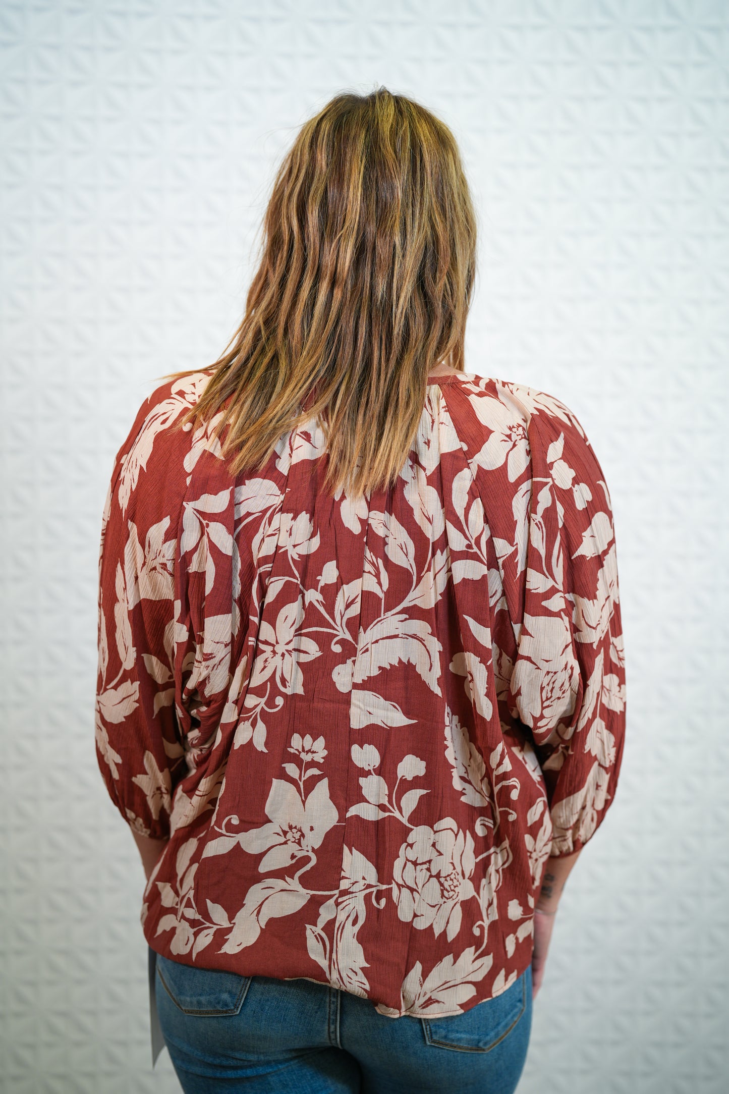 Printed Peach Blossom Woven V Neck Top - Dolman Sleeves Color - Coffee - Buttercup Lynne Boutique